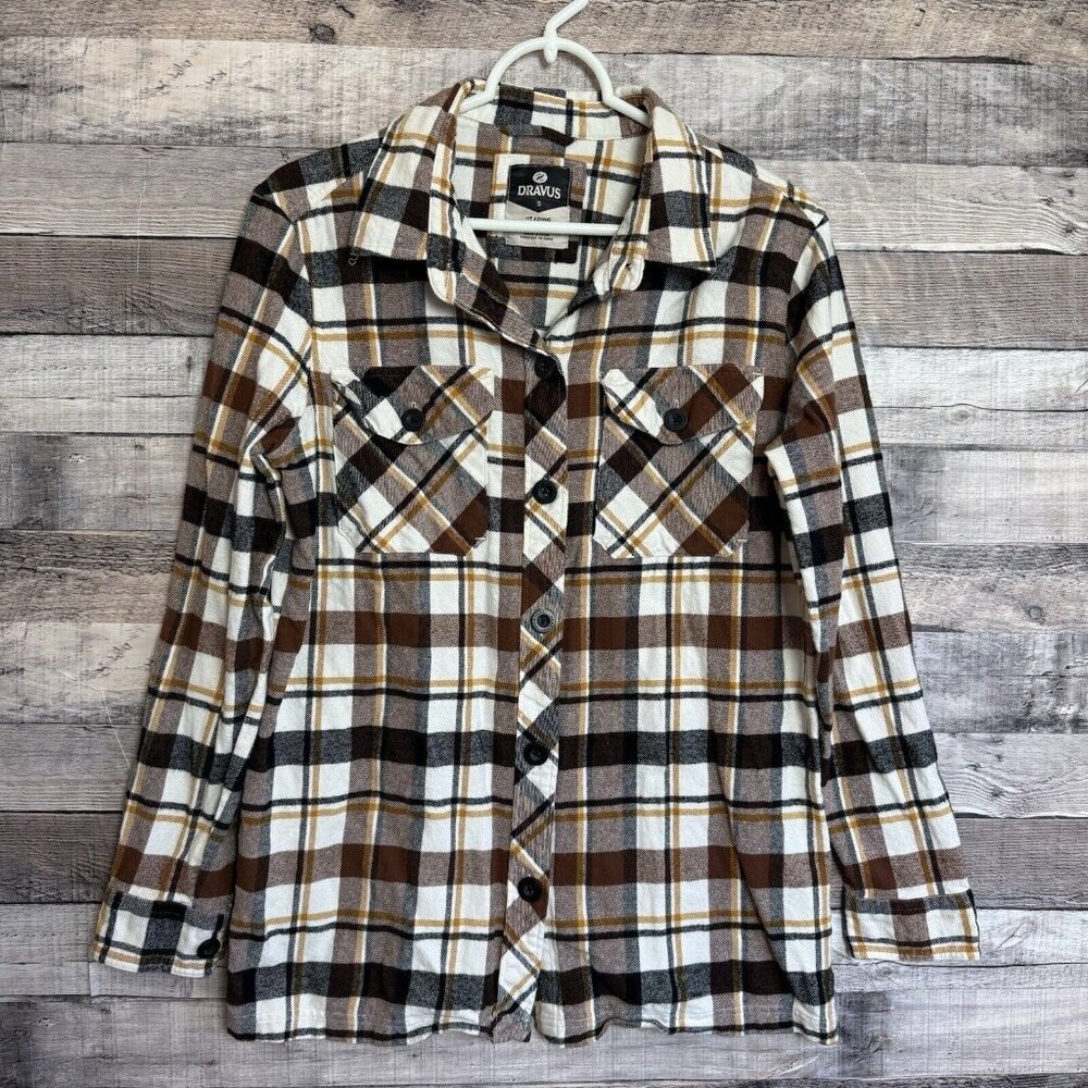 Dravus Men's Flannel Shirt Small Brown Plaid Long Sleeve Outdoor Cotton